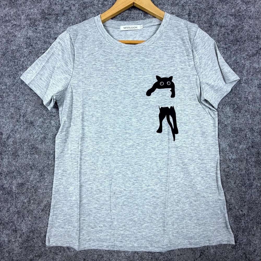 Misslook T Shirt Mens Medium Heather Gray Playful Black Cat Pocket Hanging